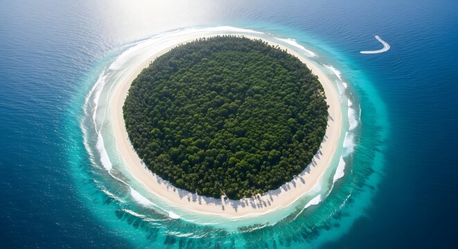 Aerial view of a lush green tropical island surrounded by crystal clear turquoise water and white sand beach.