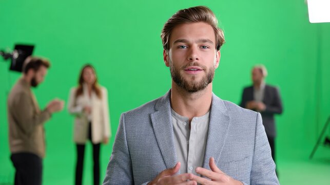 A Man on Green Screen Stage: A man in a gray blazer stands center stage in front of a green screen, with crew members visible in the background, ready to record.