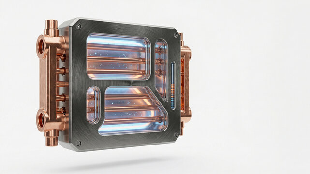 Square metal hardware with copper pipes, transparent windows and illuminated interior on light background with copy space