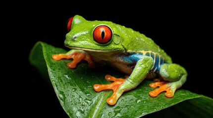 Fototapeta premium A green frog sits on a green leaf with raindrops