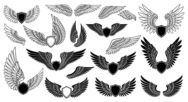 Wings heraldic emblem set with black and white feathered designs, shield badges, and winged icons for branding