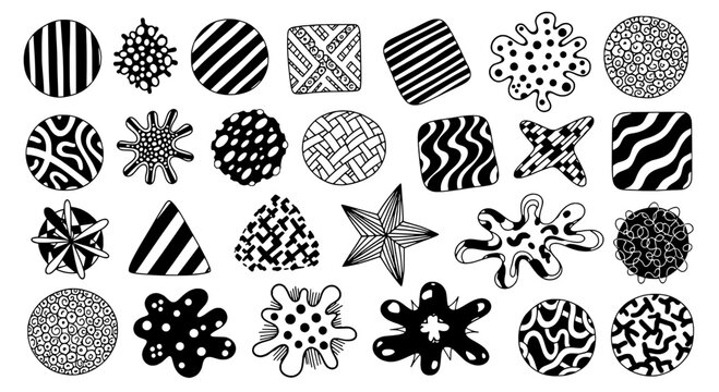 Shapes doodle drawn set with black patterns and white background featuring geometric, abstract, design with illustration and vector elements for