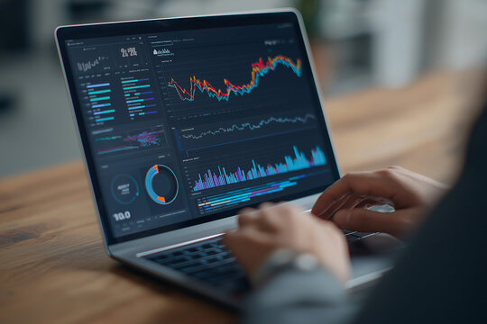 Professional analyst reviews dynamic financial data visualizations on a modern laptop, driving business growth and informed decisions