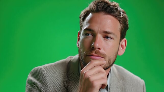 Thoughtful Reflection: A contemplative man with a focused gaze and a hand gently touching his chin, immersed in a moment of deep thought and contemplation, against a vibrant.
