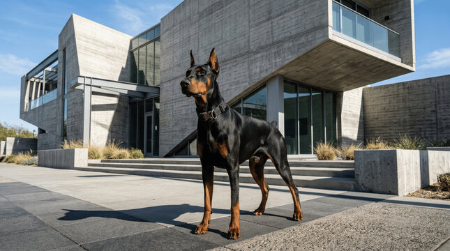A Doberman dog stands on a stone path in front of a modern concrete house