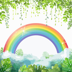 Naklejka premium Vibrant Rainbow Arching Over Lush Greenery and Soft Clouds, A Symbol of Hope and Nature's Beauty
