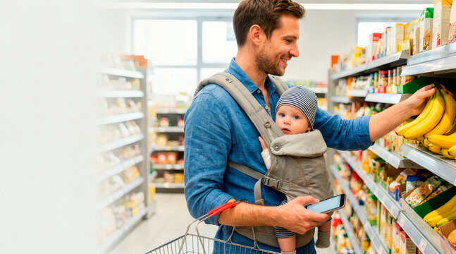 Father carrying baby in carrier while shopping in supermarket. Smiling man picking bananas in grocery store aisle. Modern parenting concept