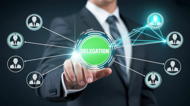 Businessman pressing virtual delegation interface with connected network team management icons.