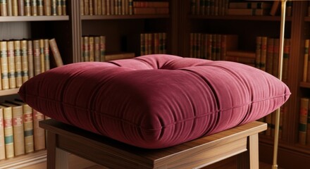 Fototapeta premium Plush tufted burgundy velvet cushion resting on a wooden surface with bookshelves in the background