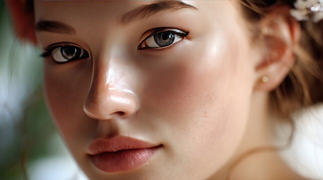 Radiant Beauty's Gaze: An enchanting portrait of a woman whose eyes captivate the viewer. It's a close-up that reveals the delicate details of her face and skin, highlighting her natural beauty.