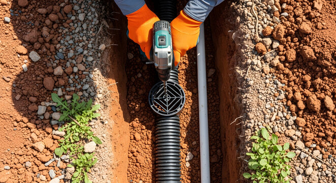 Installing drainage system in garden trench | Plumber using power drill on corrugated pipe | Professional groundworks for backyard water runoff | French drain installation process