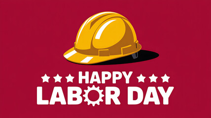 Fototapeta premium Happy labor day celebration with a yellow hard hat on red background