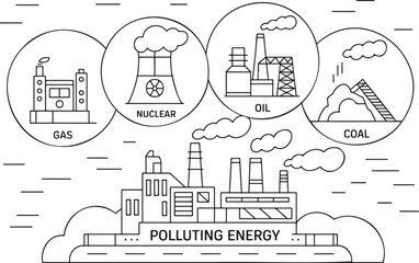 Fototapeta premium Line art illustration showing various polluting energy sources like gas, nuclear, oil, and coal industries