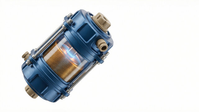 Blue cylindrical metal hardware with transparent window and internal honeycomb grid on light background with copy space