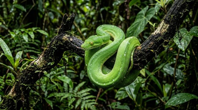 Green tree python coiled on branch close up vibrant snake reptile wildlife detail