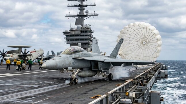 US Navy F/A-18 Super Hornet Fighter Jet Landing on Aircraft Carrier with Drag Parachute.