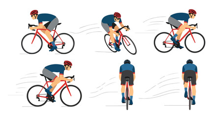 Naklejka premium Minimalist flat vector illustration of a road cyclist in motion, depicted in a dynamic riding posture with stylized speed lines to emphasize movement, composed of clean and simple shapes