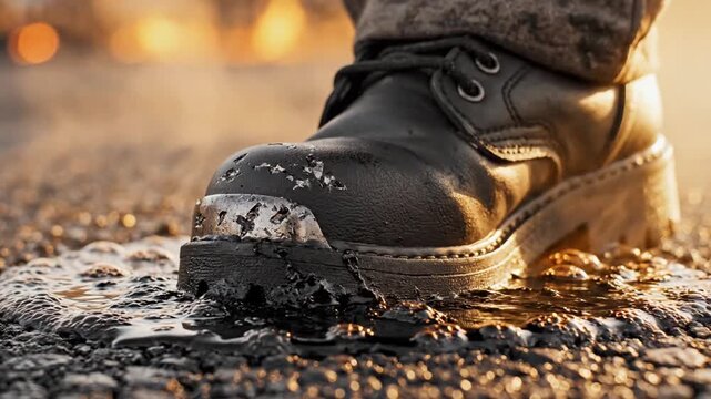 Close-up of black boot on wet ground.