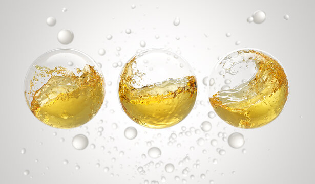 3D rendering of clear cosmetic serum bubbles with splashing liquid moisturizer inside.