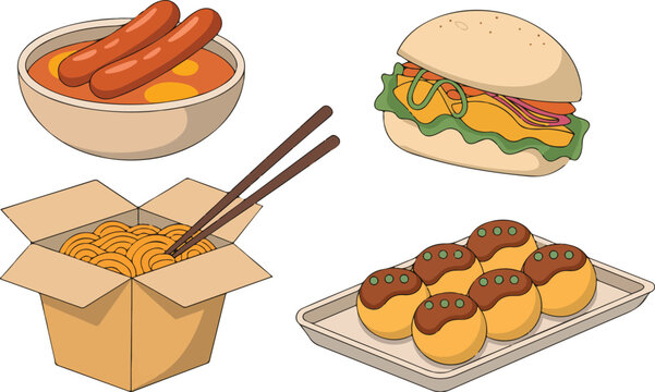 Minimalist food illustration set of hot dogs burger noodles and takoyaki in 2x2 grid on white background