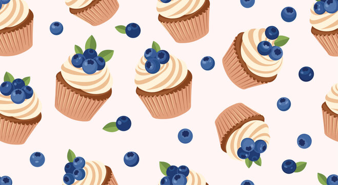 Tempting seamless pattern of chocolate cupcakes with vanilla frosting and fresh blueberries on a light pink background for sweet stationery.