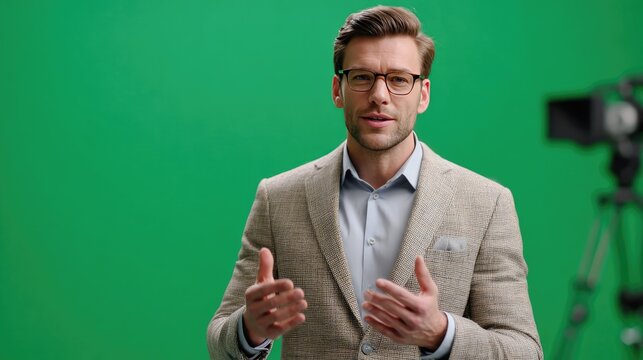 Focused Speaker in Green Backdrop: A composed individual in glasses and a suit jacket, gesturing confidently against a vibrant green backdrop, conveying professionalism and expertise.