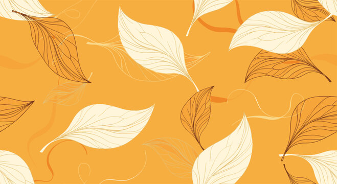 Elegant seamless pattern of stylized brown and white autumn leaves floating on a warm golden orange background.