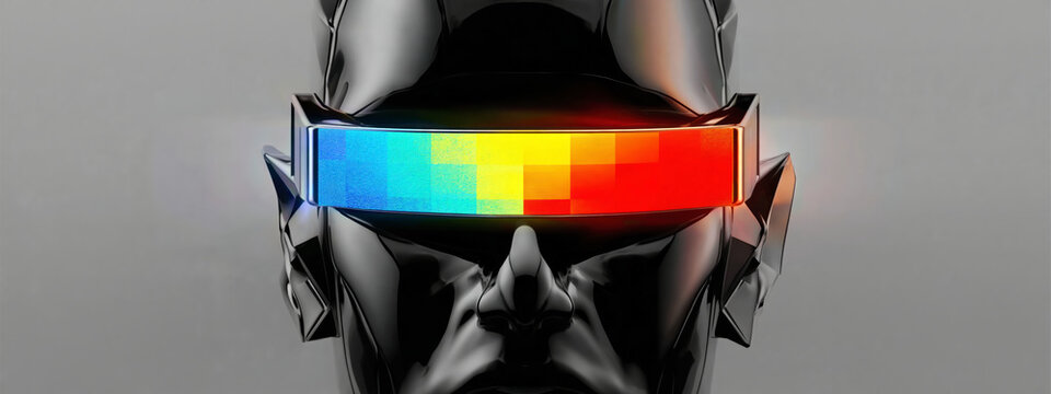 Futuristic Humanoid Face with Colorful Visor, Digital Technology Concept