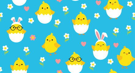 Naklejka premium Playful easter holiday pattern with baby chicks wearing bunny ears and glasses scattered on a vibrant turquoise blue background.