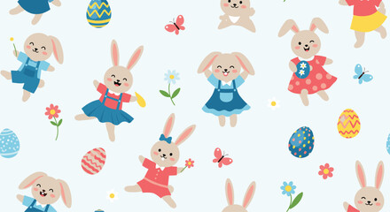 Fototapeta premium Joyful easter pattern with cute cartoon bunnies in colorful outfits dancing among decorated eggs and spring garden flowers.