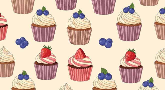 Delicious dessert pattern featuring assorted cupcakes topped with vanilla frosting, fresh strawberries, and ripe blueberries.