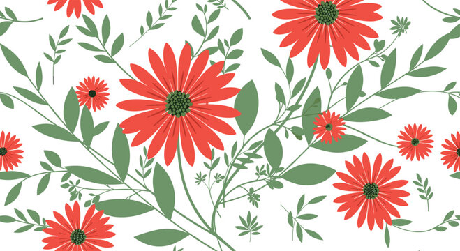 Vibrant floral pattern of large red daisy flowers and green leafy branches scattered across a clean white background.