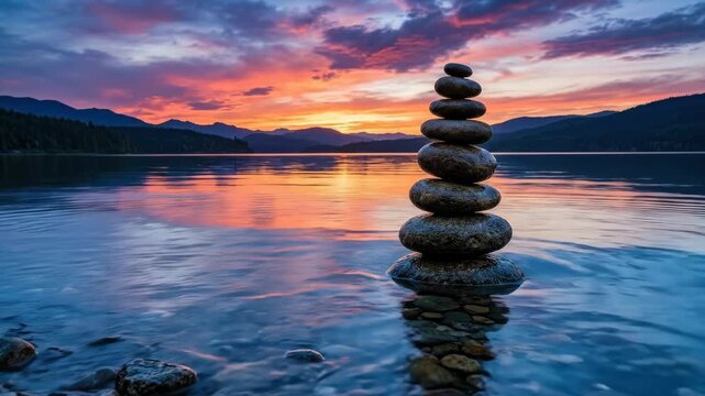 A stack of rounded stones standing in still water beneath a vivid sunset, travel and mindfulness mood with reflective blue tones, balanced composition, tranquil zen stillness and subtle wave rings,