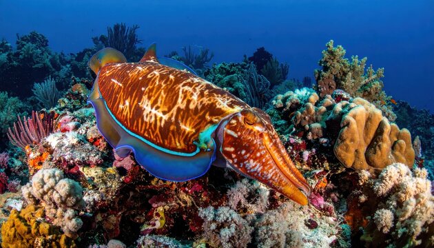 A Majestic Cuttlefish Displays Vibrant Colors Amidst a Rich Coral Reef Ecosystem