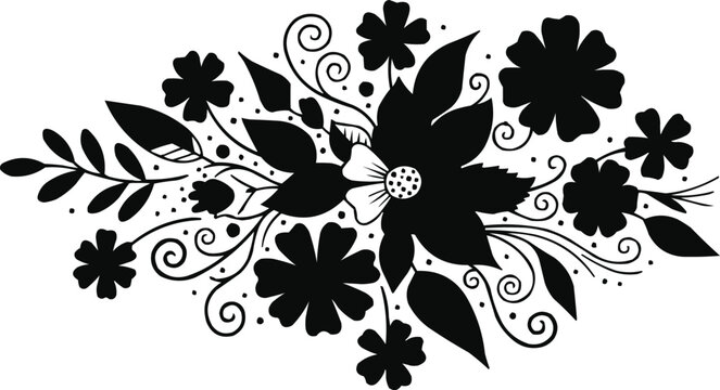 A vector for decorative springtime wallpaper, featuring seamless black and white floral design elements. It features an ornamental pattern with floral silhouettes, nature leaves, and swirling butterfl