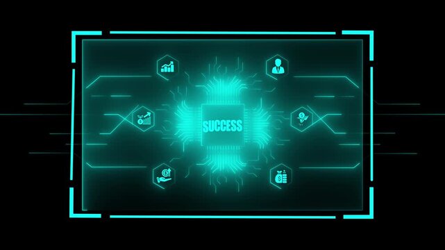 Cyan digital display with a glowing circuit board at its center showing the word suces and surrounding for business and data on a black background keywords: technology, digital, circuit, board