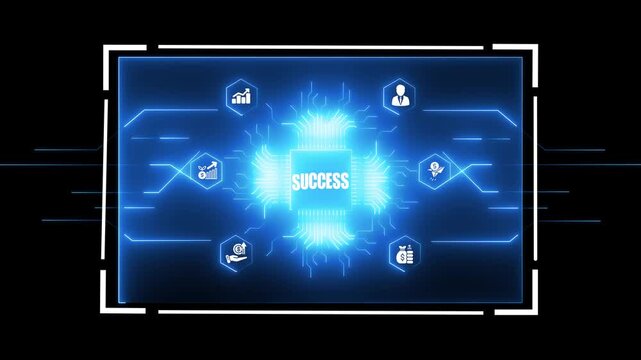 Bright blue digital interface featuring a glowing circuit board with the word suces at its core and surrounding for business and data on a black background keywords: technology, digital