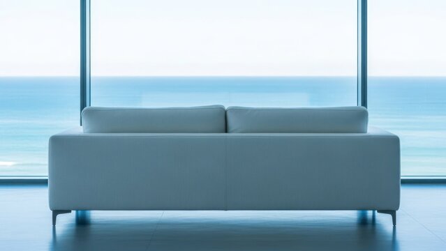 Modern white couch faces large window with ocean view; minimalist, serene ambiance