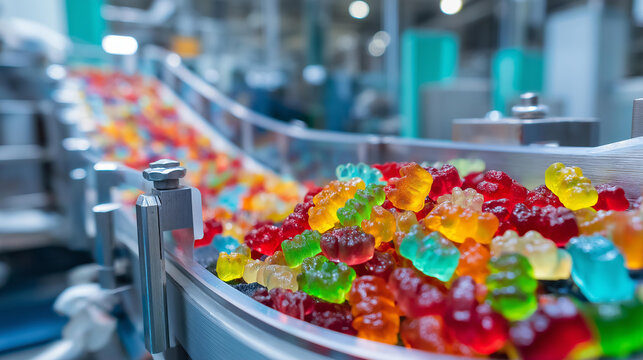 Massive production line of colorful gummy bears in a food processing plant, confectionery and vitamin manufacturing concept, with copy space