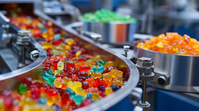 Massive production line of colorful gummy bears in a food processing plant, confectionery and vitamin manufacturing concept, with copy space