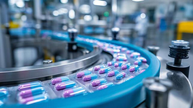 Packaged blister packs of pharmaceutical tablets moving on an automated production line, drug packaging automation concept, modern medicine manufacturing, with copy space