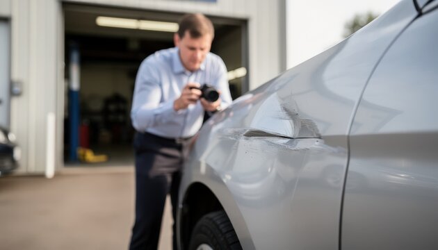 Insurance adjuster shooting detailed shots of a fender dent beside a mechanics garage entrance while equipment and parked cars are softly out of focus.