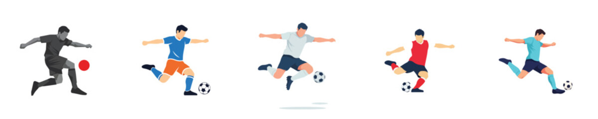 Obraz premium A minimalist flat illustration set of a soccer player kicking a ball mid-air, dynamic pose, no stroke, isolated on a pure white background.