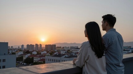 Fototapeta premium Romantic Sunset View from Rooftop by Young Couple in Urban Setting