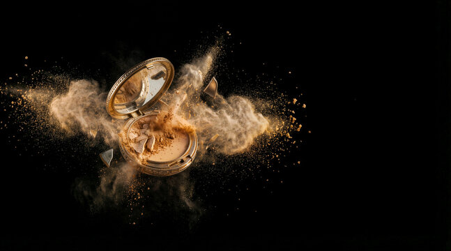 Shattering gold makeup powder compact with a dynamic explosion of beige dust. Broken vintage cosmetic case with flying mirror shards on black background