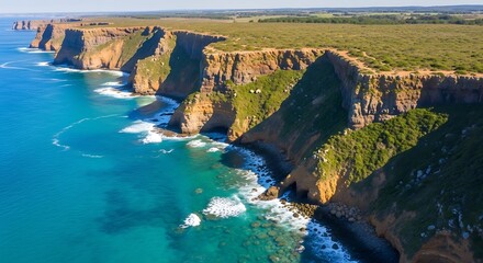 Naklejka premium Aerial View of Rugged Coastal Cliffs and Turquoise Ocean.