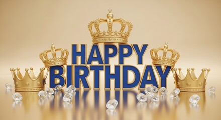 Happy birthday message with gold crowns and diamonds on beige background