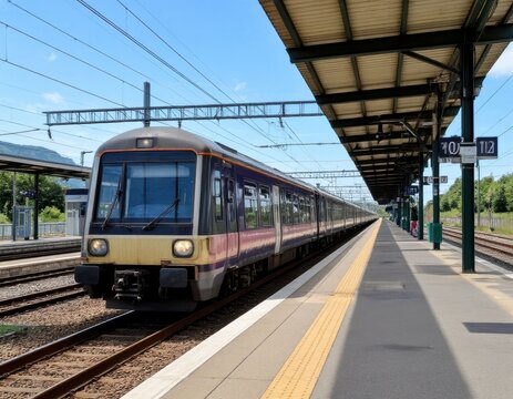 Train arriving at a railway station platform with clear blue sky, tracks visible, and signage indicating platform numbers in a well-maintained outdoor setting