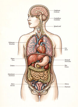 Vintage style medical illustration of human female anatomy detailing internal organs, digestive, and reproductive systems with educational labels.