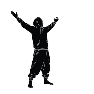 Person wearing hoodie and sweatpants with arms raised in celebration